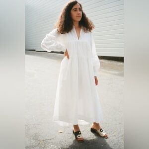 Just Female / Brandy tiered Maxi Dress White cotton poplin Long Sleeves Medium M